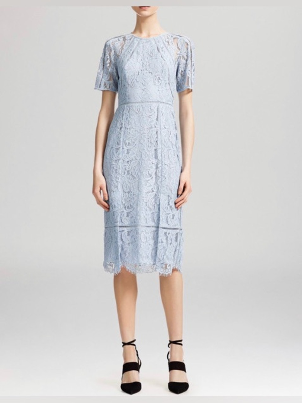 Whistles Blue Lace Midi Dress Floral Embroidered Scalloped Hem Sz 6